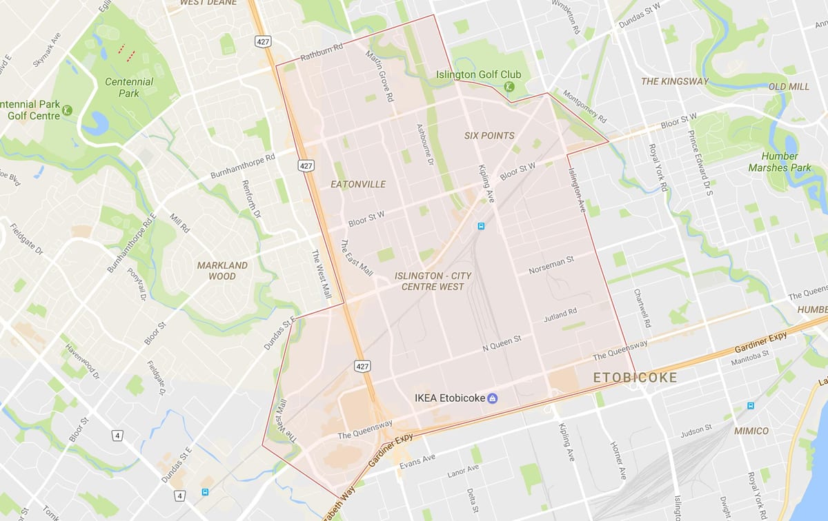 வரைபடம் Islington-சிட்டி சென்டர் மேற்கு அக்கம் ரொறன்ரோ