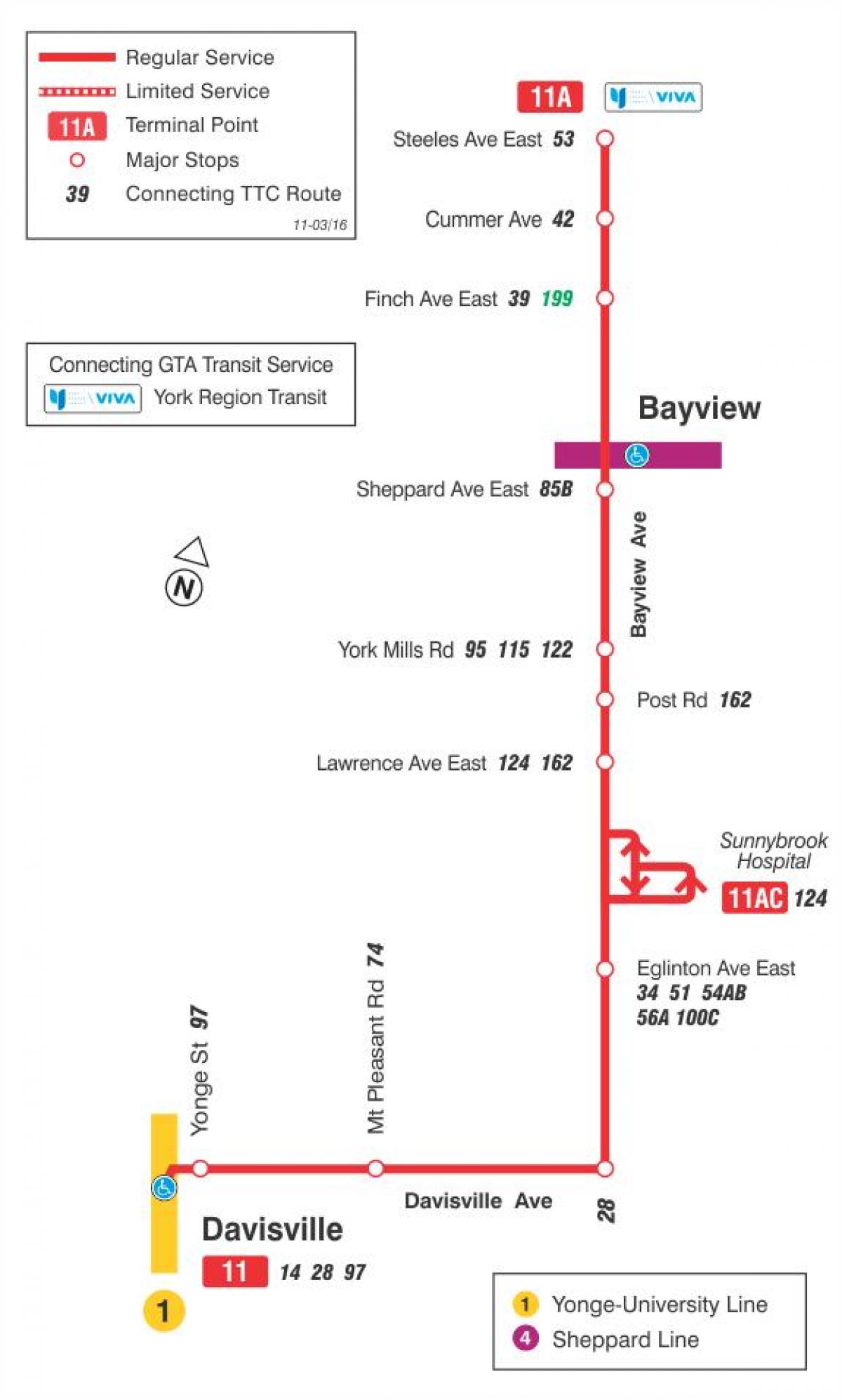 வரைபடம் TTC 11 Bayview பஸ் பாதை ரொறன்ரோ