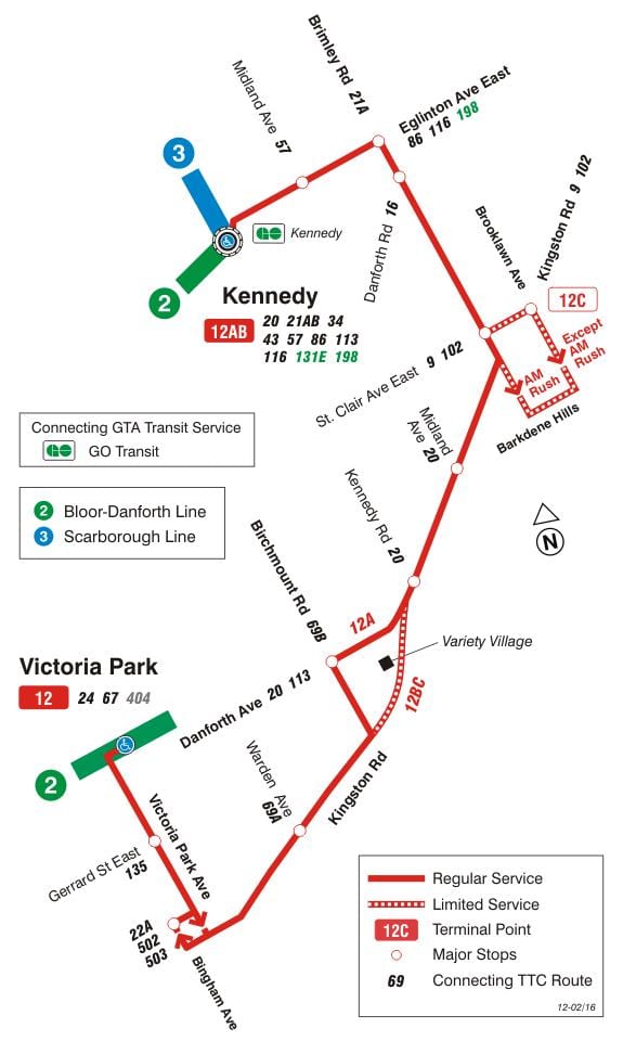 வரைபடம் TTC 12 Kingston Rd பஸ் பாதை ரொறன்ரோ