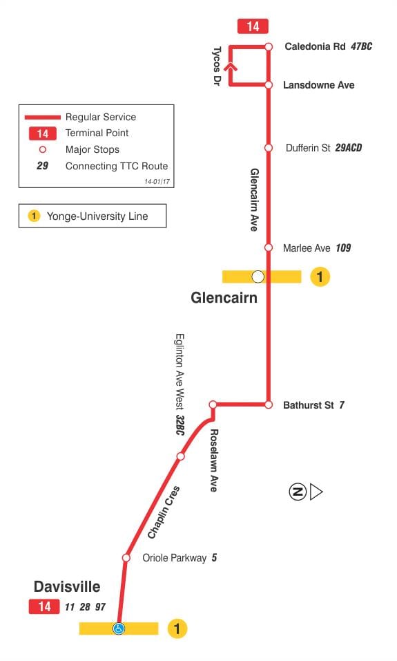 வரைபடம் TTC 14 Glencairn பஸ் பாதை ரொறன்ரோ