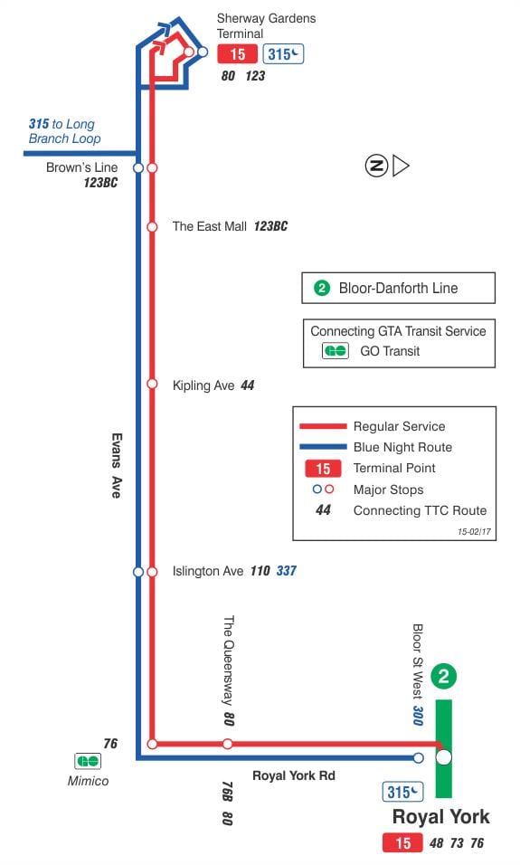 வரைபடம் TTC 15 எவன்ஸ் பஸ் பாதை ரொறன்ரோ