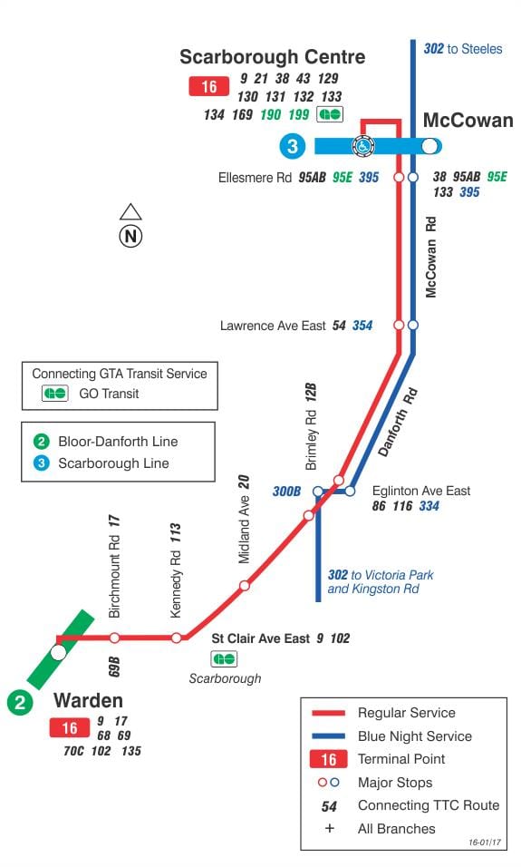 வரைபடம் TTC 16 McCowan பஸ் பாதை ரொறன்ரோ