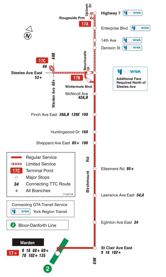 வரைபடம் TTC 17 Birchmount பஸ் பாதை ரொறன்ரோ
