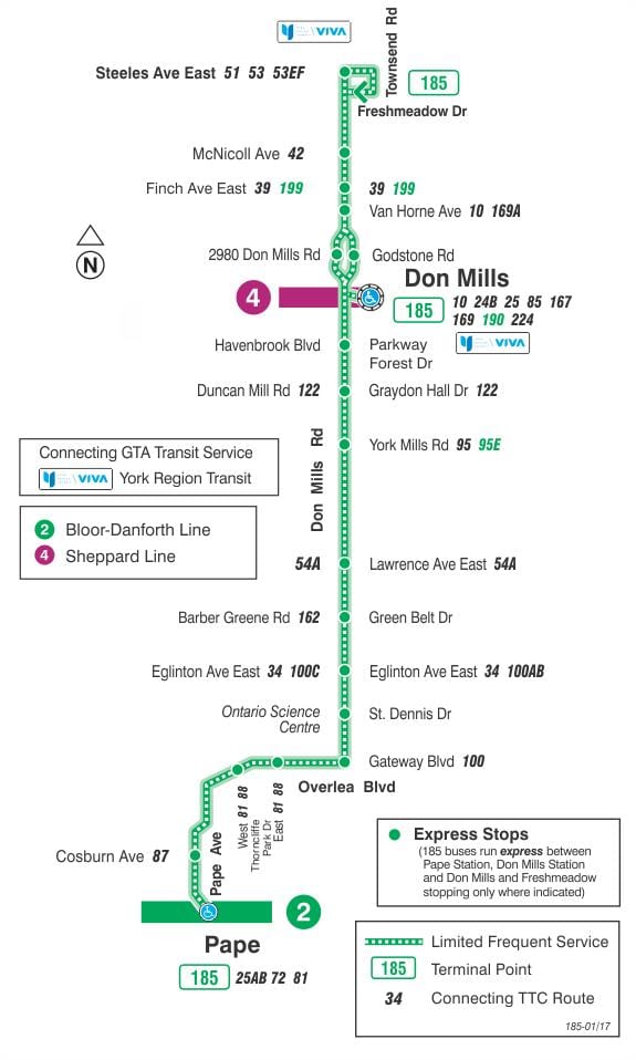 வரைபடம் TTC 185 Don Mills ராக்கெட் பஸ் பாதை ரொறன்ரோ