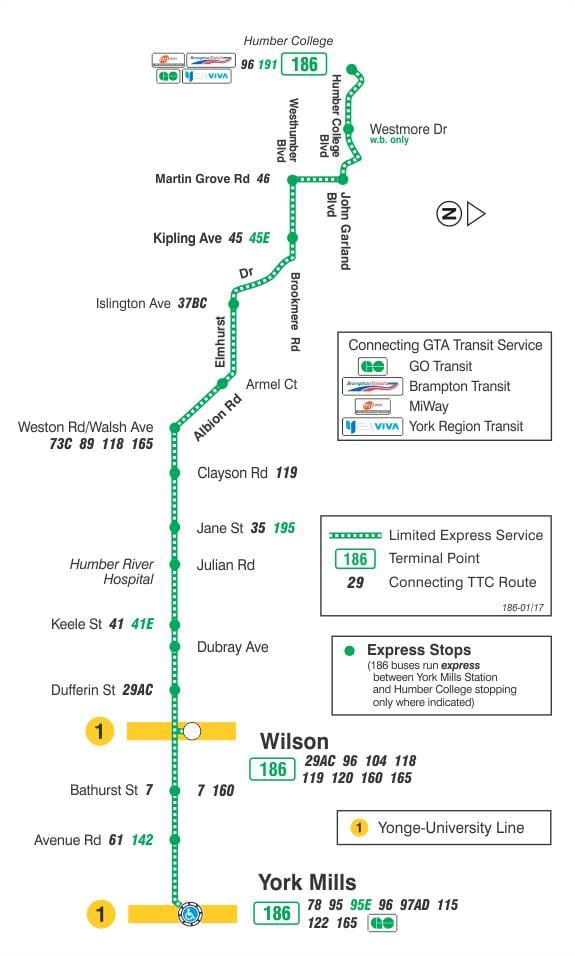 வரைபடம் TTC 186 வில்சன் ராக்கெட் பஸ் பாதை ரொறன்ரோ