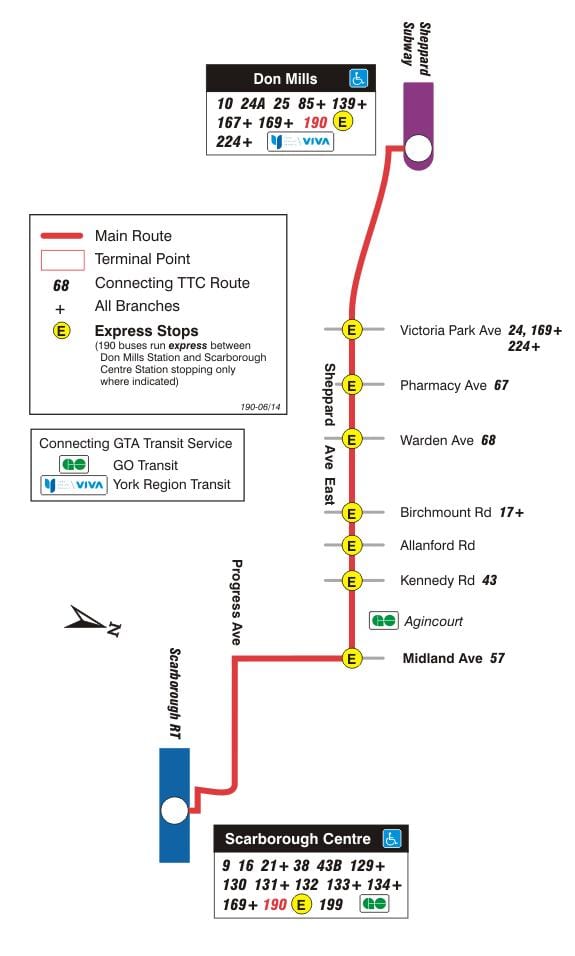 வரைபடம் TTC 190 Scarborough Centre ராக்கெட் பஸ் பாதை ரொறன்ரோ