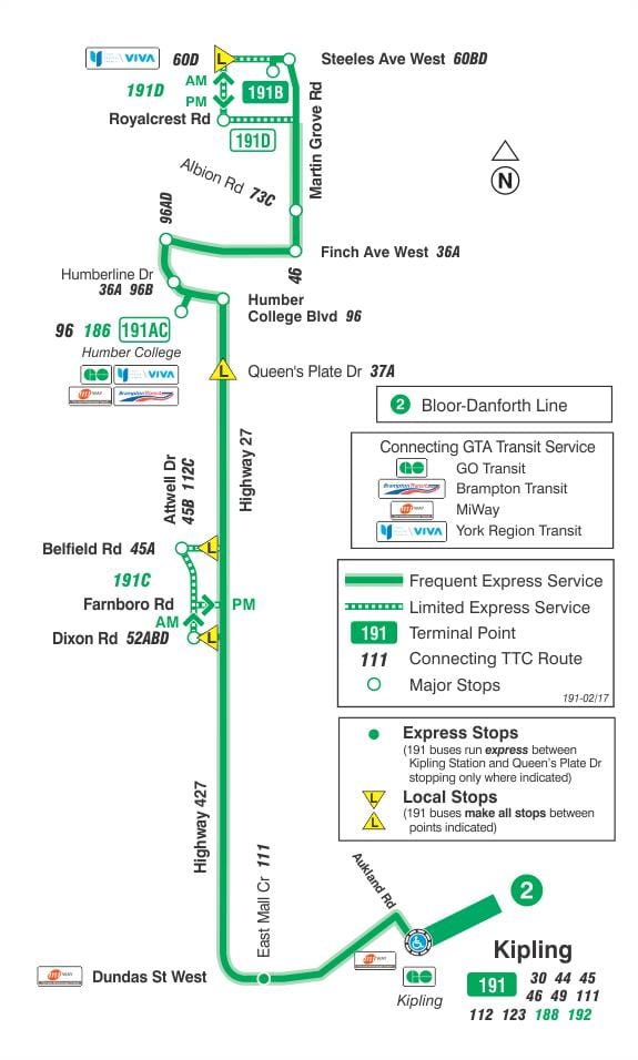 வரைபடம் TTC 191 நெடுஞ்சாலை 27 ராக்கெட் பஸ் பாதை ரொறன்ரோ