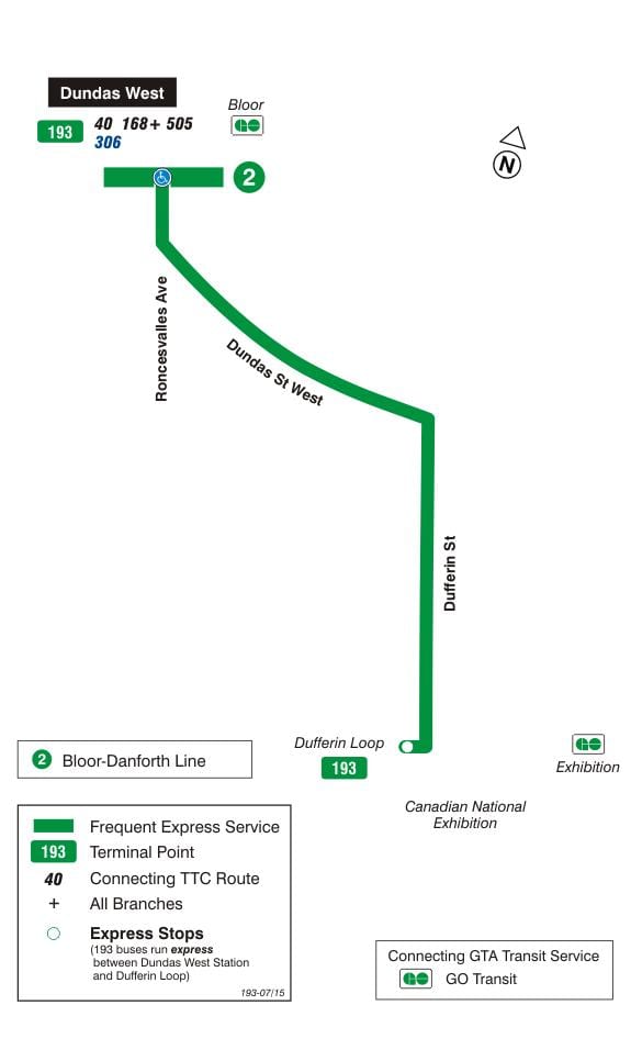 வரைபடம் TTC 193 கண்காட்சி ராக்கெட் பஸ் பாதை ரொறன்ரோ