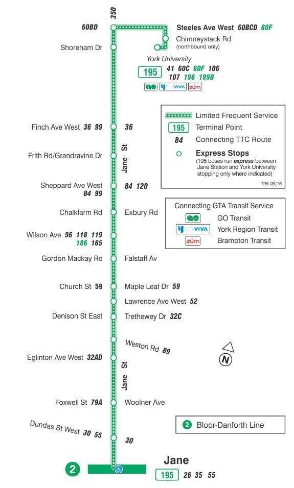 வரைபடம் TTC 195 ஜேன் ராக்கெட் பஸ் பாதை ரொறன்ரோ