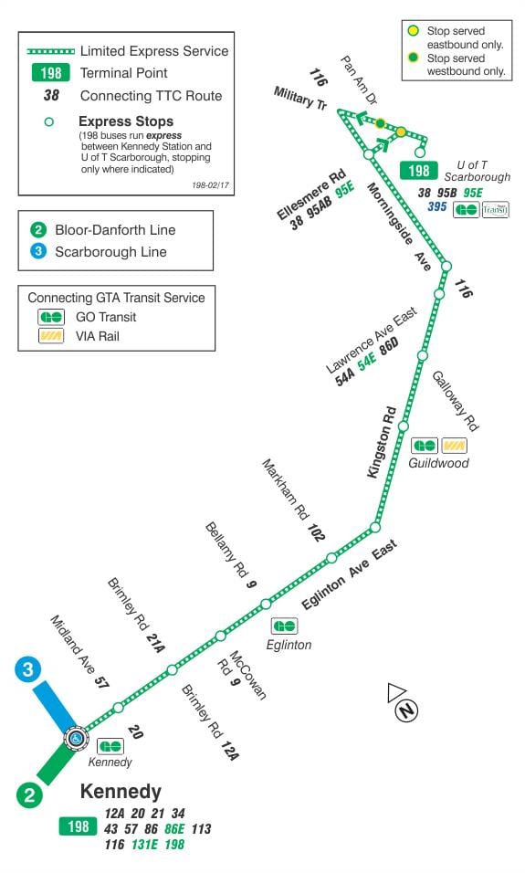 வரைபடம் TTC 198 U of T Scarborough ராக்கெட் பஸ் பாதை ரொறன்ரோ