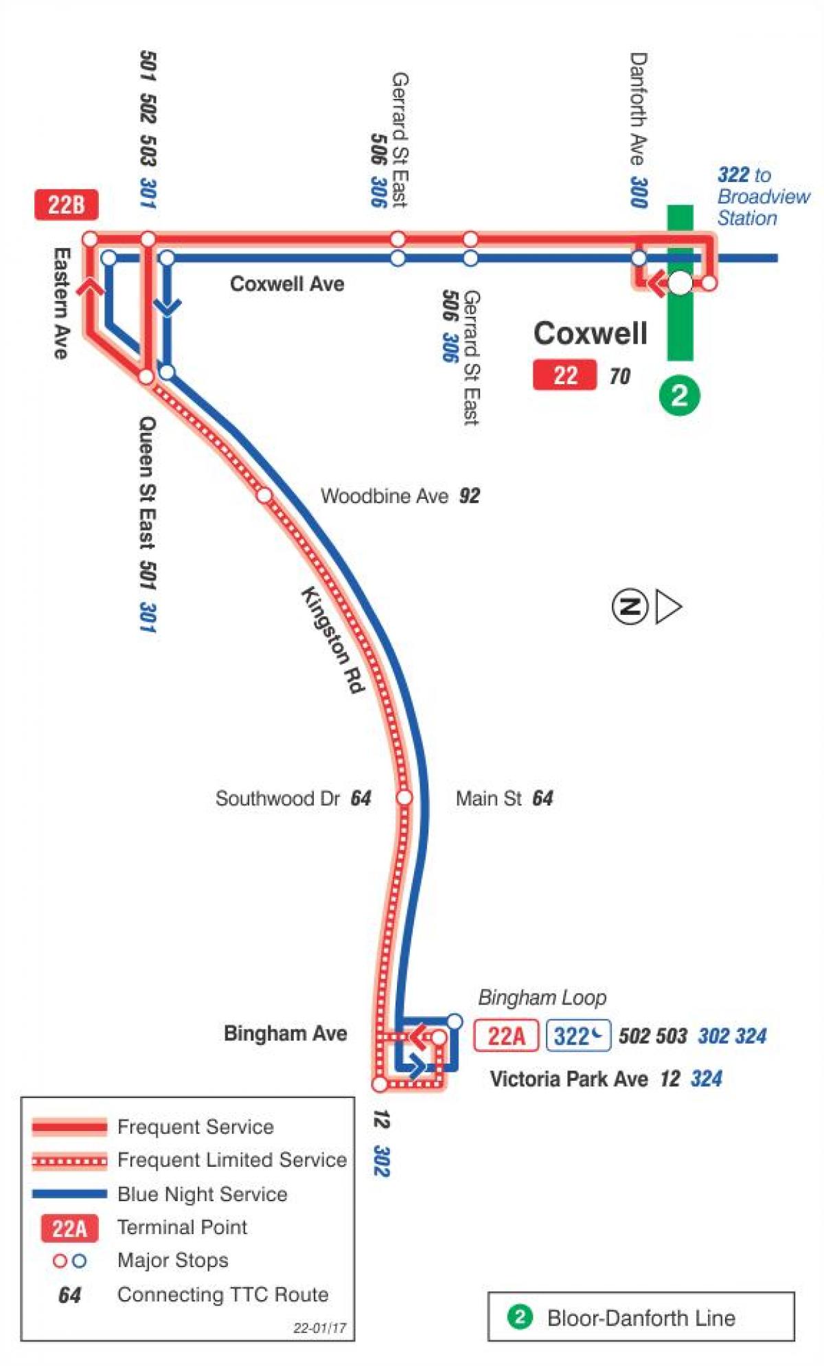 வரைபடம் TTC 22 Coxwell பஸ் பாதை ரொறன்ரோ
