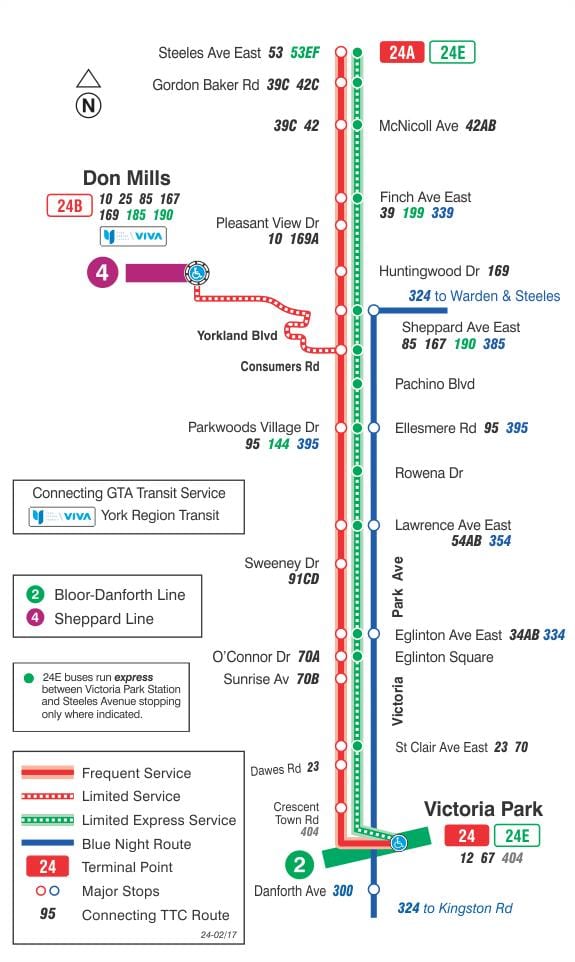 வரைபடம் TTC 24 விக்டோரியா பார்க் பஸ் பாதை ரொறன்ரோ