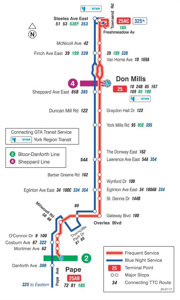 வரைபடம் TTC 25 Don Mills பஸ் பாதை ரொறன்ரோ