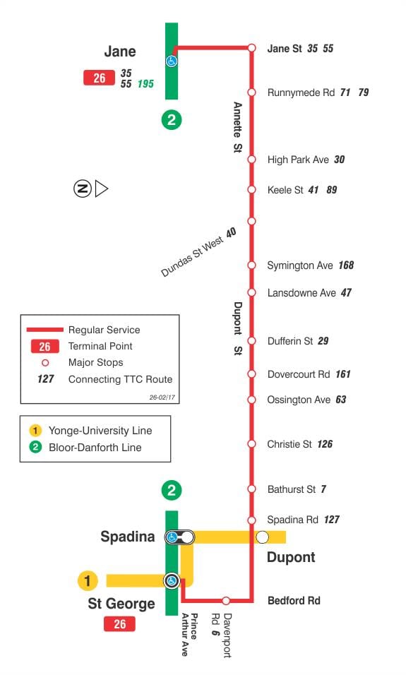 வரைபடம் TTC 26 Dupont பஸ் பாதை ரொறன்ரோ