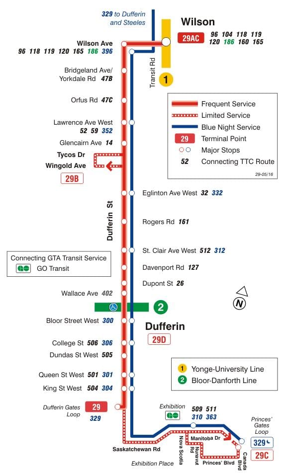 வரைபடம் TTC 29 Dufferin பஸ் பாதை ரொறன்ரோ