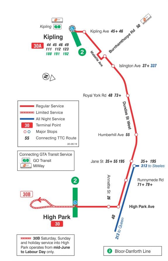 வரைபடம் TTC 30 Lambton பஸ் பாதை ரொறன்ரோ