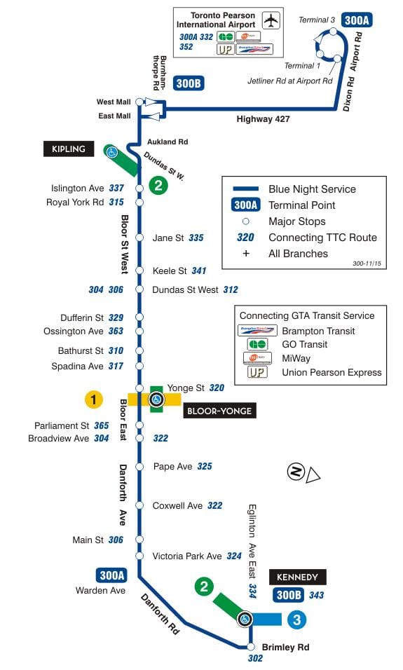வரைபடம் TTC 300A Bloor-Danforth பஸ் பாதை ரொறன்ரோ