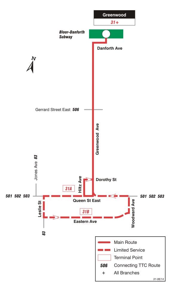 வரைபடம் TTC 31 Greenwood பஸ் பாதை ரொறன்ரோ