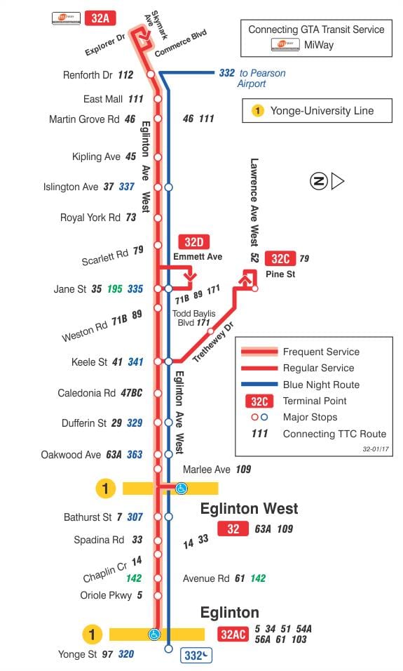 வரைபடம் TTC 32 Eglinton மேற்கு பஸ் பாதை ரொறன்ரோ