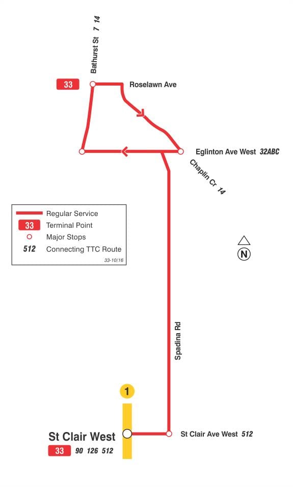வரைபடம் TTC 33 Forest Hill பஸ் பாதை ரொறன்ரோ