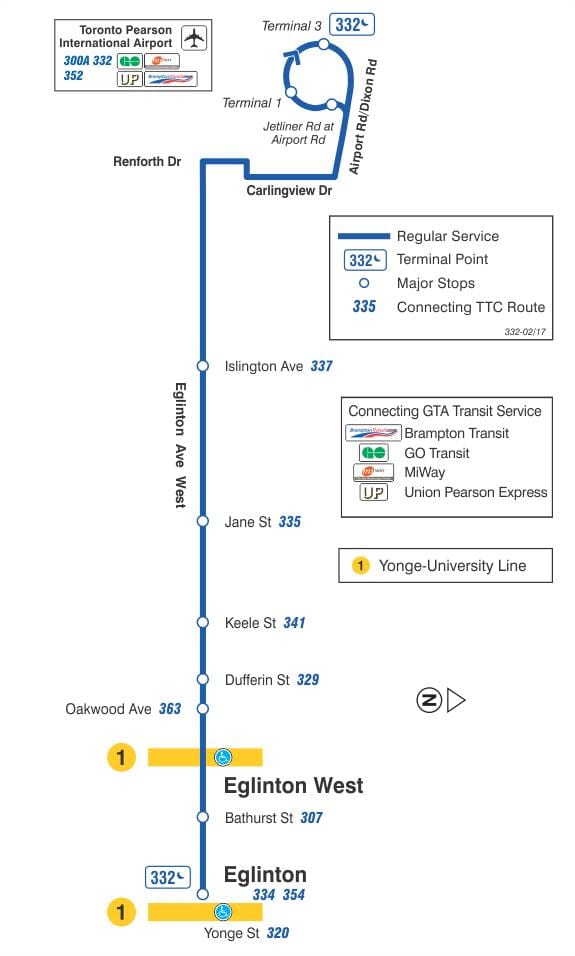 வரைபடம் TTC 332 Eglinton மேற்கு பஸ் பாதை ரொறன்ரோ