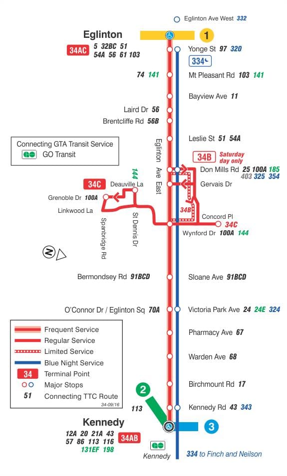 வரைபடம் TTC 34 Eglinton East பஸ் பாதை ரொறன்ரோ