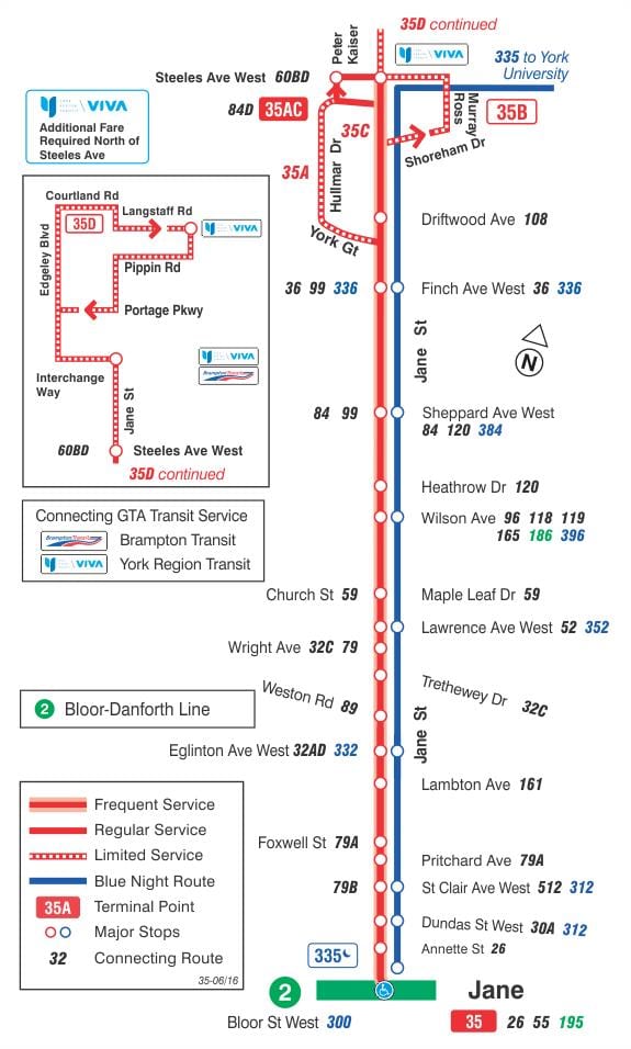 வரைபடம் TTC 35 ஜேன் பஸ் பாதை ரொறன்ரோ