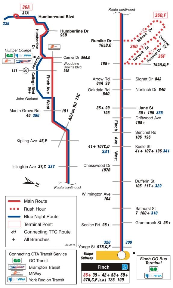 வரைபடம் TTC 36 பின்ச் மேற்கு பஸ் பாதை ரொறன்ரோ
