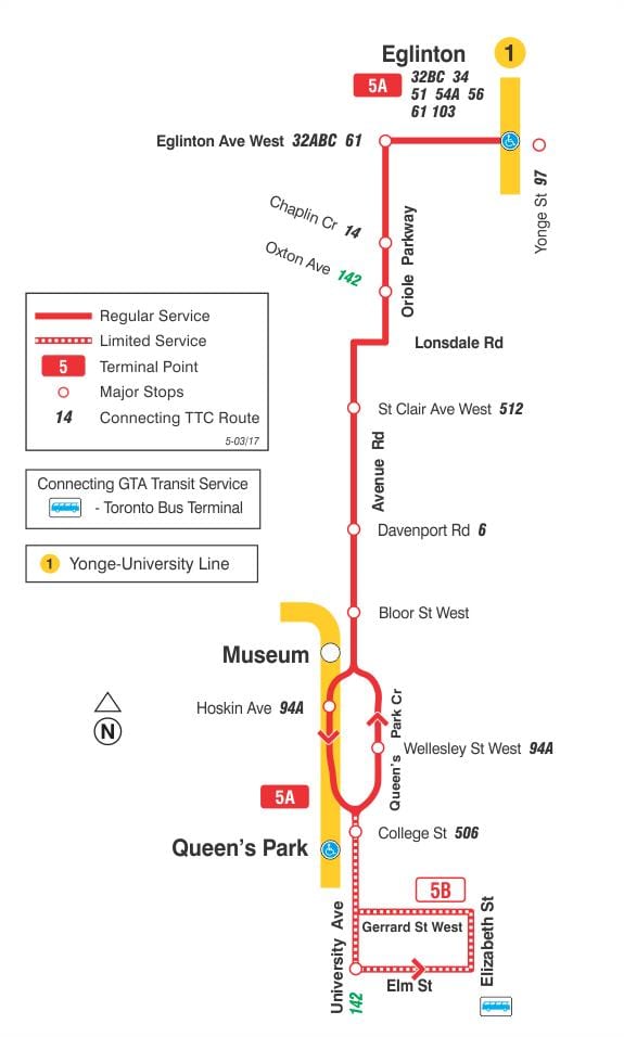 வரைபடம் TTC 5 Avenue Rd பஸ் பாதை ரொறன்ரோ