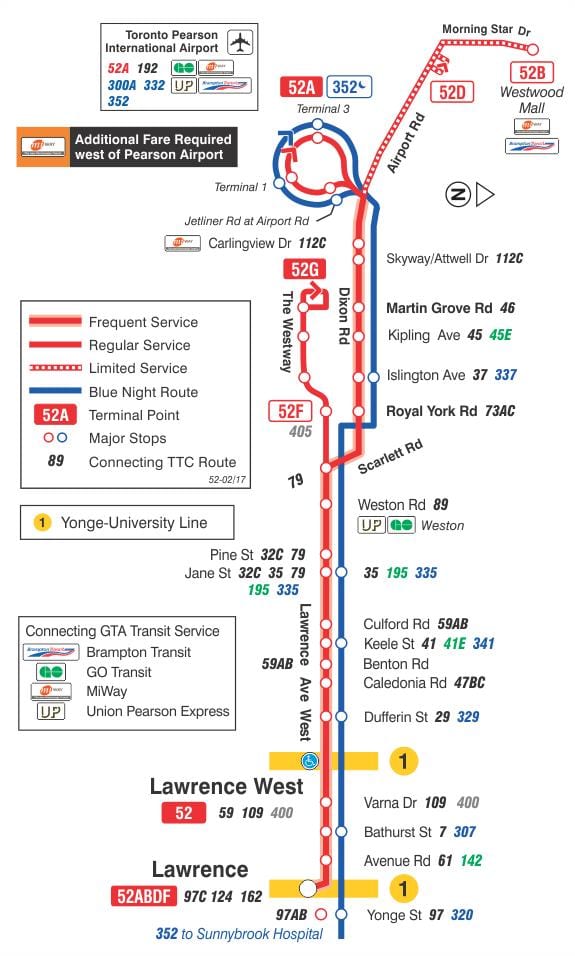 வரைபடம் TTC 52 லாரன்ஸ், மேற்கு பஸ் பாதை ரொறன்ரோ