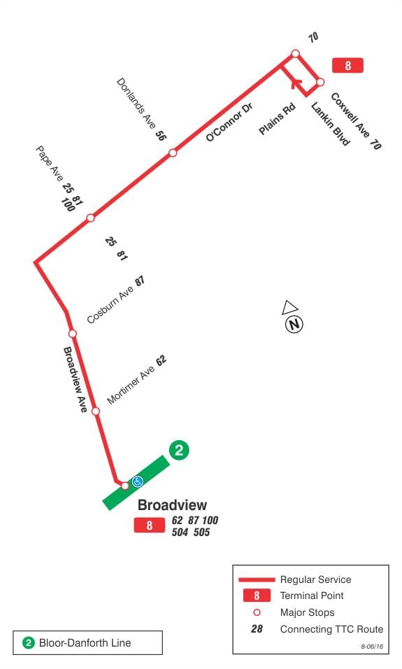 வரைபடம் TTC 8 Broadview பஸ் பாதை ரொறன்ரோ