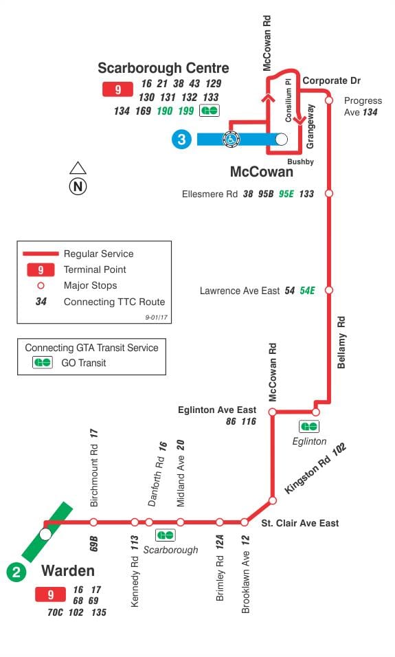 வரைபடம் TTC 9 பெல்லாமி பஸ் பாதை ரொறன்ரோ