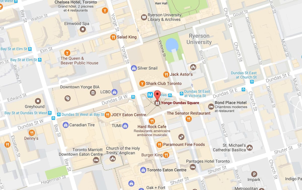 வரைபடம் Yonge-Dundas சதுக்கத்தில் ரொறன்ரோ