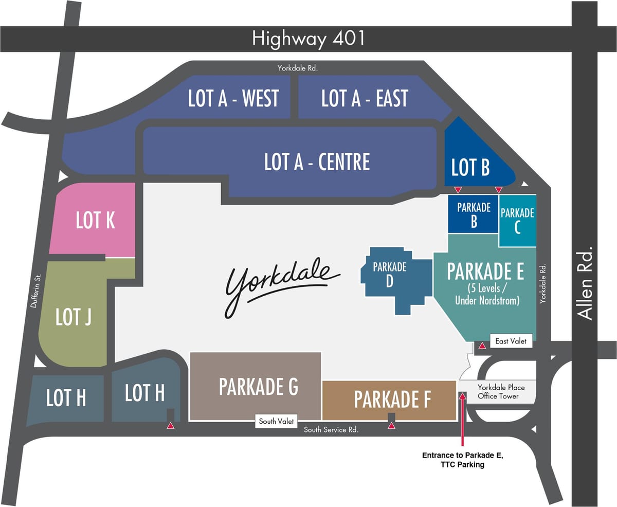 வரைபடம் Yorkdale ஷாப்பிங் சென்டர் பார்க்கிங்