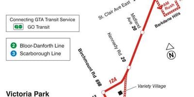 வரைபடம் TTC 12 Kingston Rd பஸ் பாதை ரொறன்ரோ
