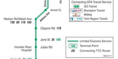 வரைபடம் TTC 186 வில்சன் ராக்கெட் பஸ் பாதை ரொறன்ரோ