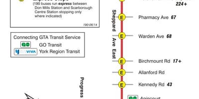 வரைபடம் TTC 190 Scarborough Centre ராக்கெட் பஸ் பாதை ரொறன்ரோ