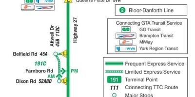 வரைபடம் TTC 191 நெடுஞ்சாலை 27 ராக்கெட் பஸ் பாதை ரொறன்ரோ