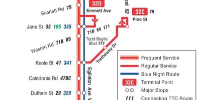 வரைபடம் TTC 32 Eglinton மேற்கு பஸ் பாதை ரொறன்ரோ