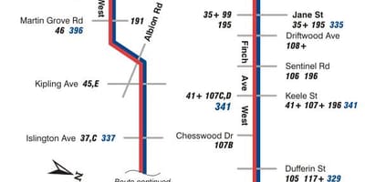 வரைபடம் TTC 36 பின்ச் மேற்கு பஸ் பாதை ரொறன்ரோ