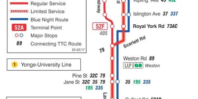 வரைபடம் TTC 52 லாரன்ஸ், மேற்கு பஸ் பாதை ரொறன்ரோ