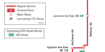 வரைபடம் TTC 9 பெல்லாமி பஸ் பாதை ரொறன்ரோ